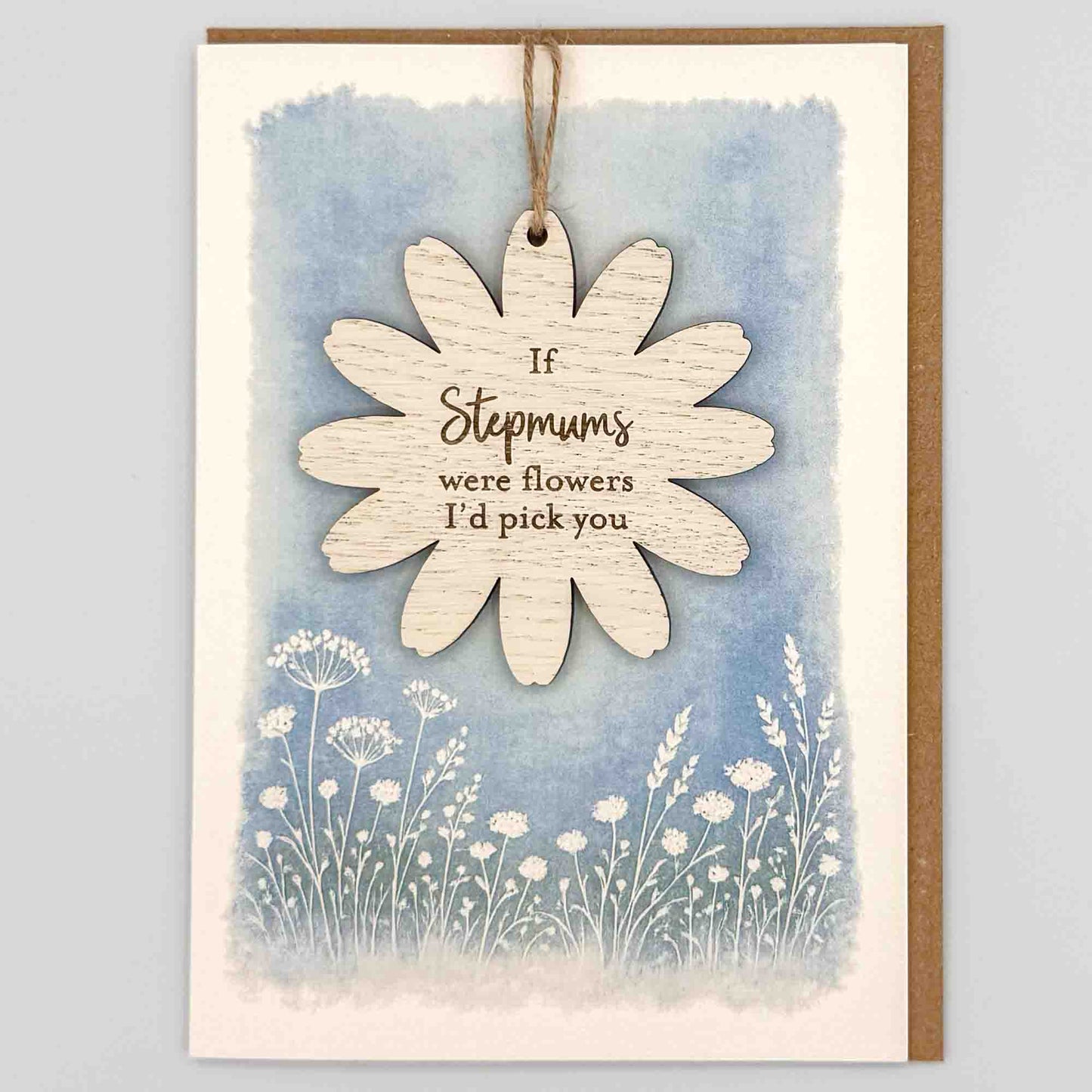 If stepmums were flowers keepsake card from Sprinkled with Magic, featuring a removable wooden flower keepsake, blue botanical design and recycled kraft envelope.