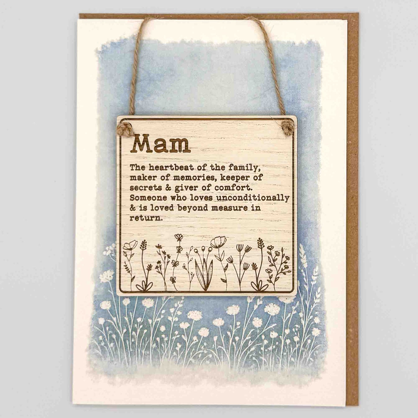 Mam wildflowers square keepsake card from Sprinkled with Magic, featuring a removable wooden Mam sign, blue botanical design and recycled kraft envelope.