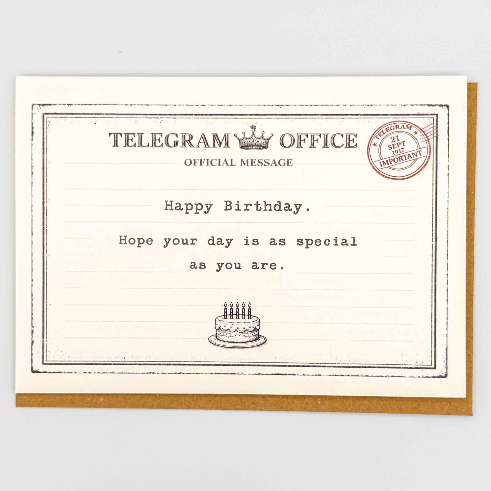 Happy birthday special as you telegram card from Sprinkled with Magic, featuring vintage telegram-style wording, small birthday cake detail and recycled kraft envelope.