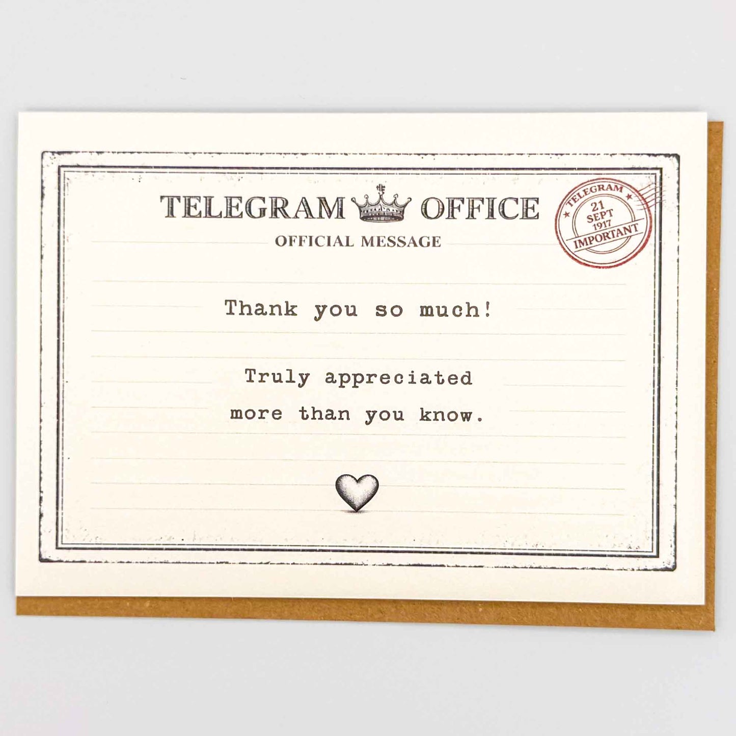 Thank you telegram card from Sprinkled with Magic, featuring vintage telegram-style design, appreciation wording and recycled kraft envelope.