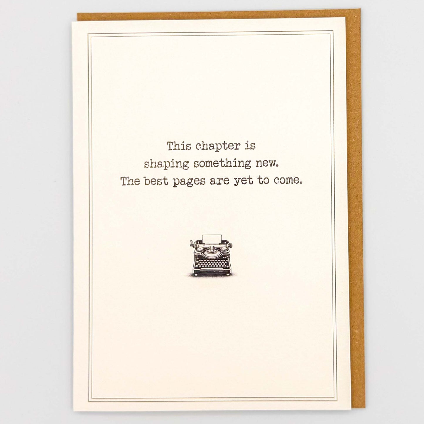 New chapter typewriter card from Sprinkled with Magic, featuring hopeful wording, a vintage typewriter illustration and recycled kraft envelope.