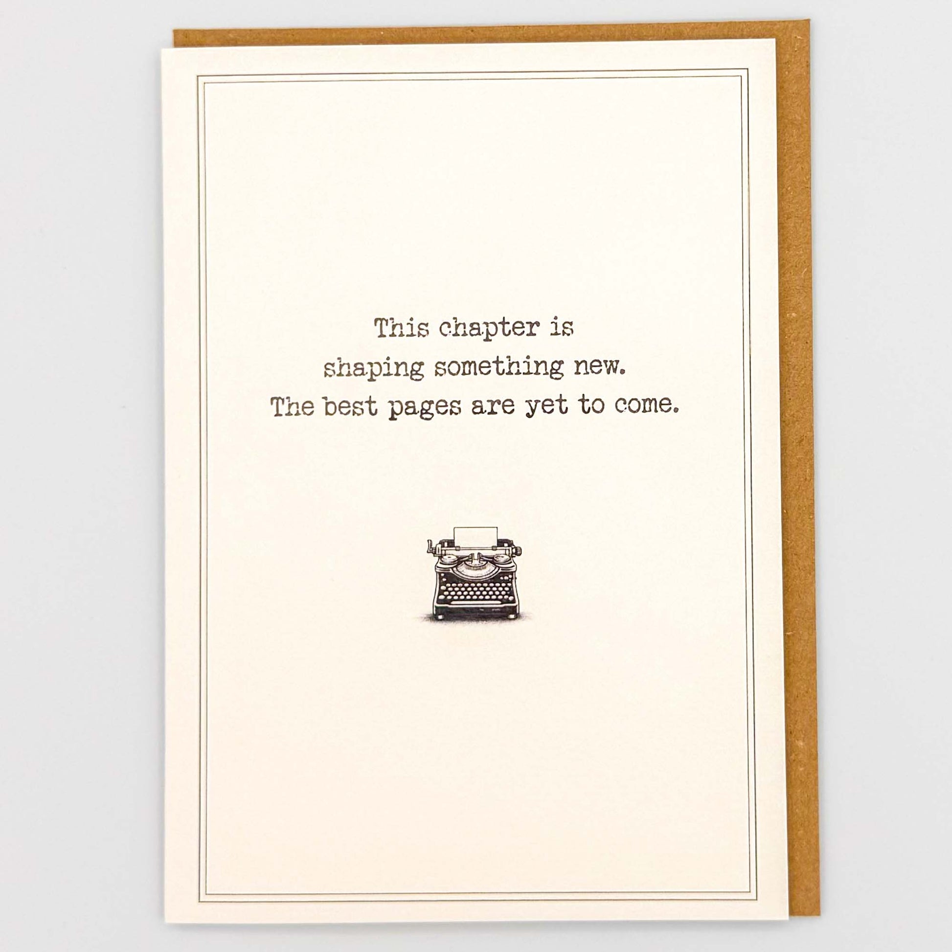 New chapter typewriter card from Sprinkled with Magic, featuring hopeful wording, a vintage typewriter illustration and recycled kraft envelope.