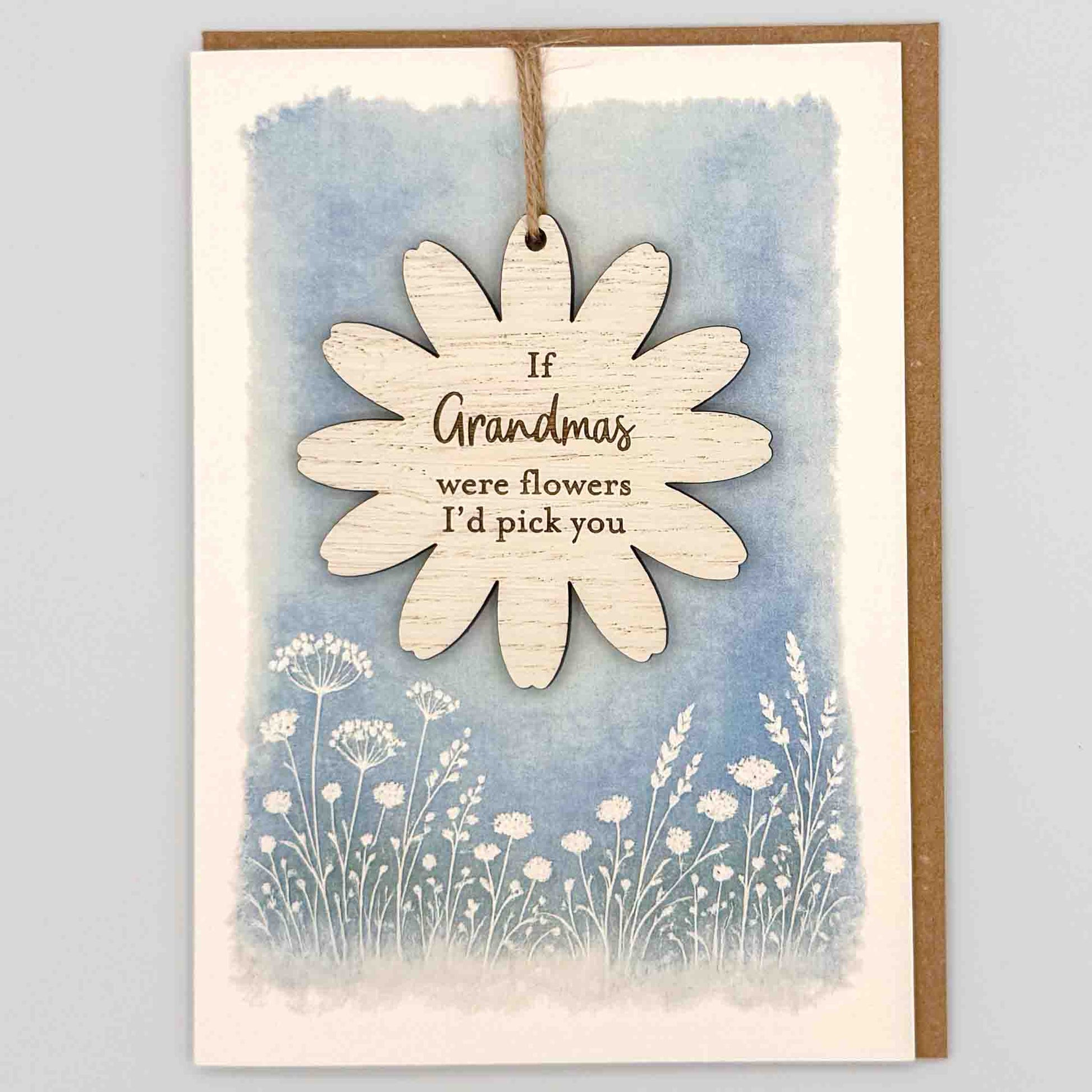 If Grandmas were flowers keepsake card from Sprinkled with Magic, featuring a removable wooden flower keepsake, blue botanical design and recycled kraft envelope.