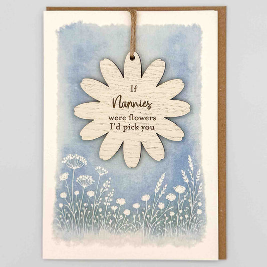 If nannies were flowers keepsake card from Sprinkled with Magic, featuring a removable wooden flower keepsake, blue botanical design and recycled kraft envelope.