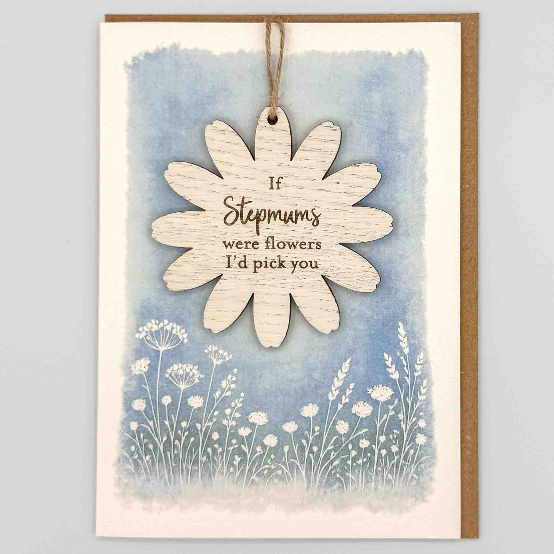 If stepmums were flowers keepsake card from Sprinkled with Magic, featuring a removable wooden flower keepsake, blue botanical design and recycled kraft envelope.