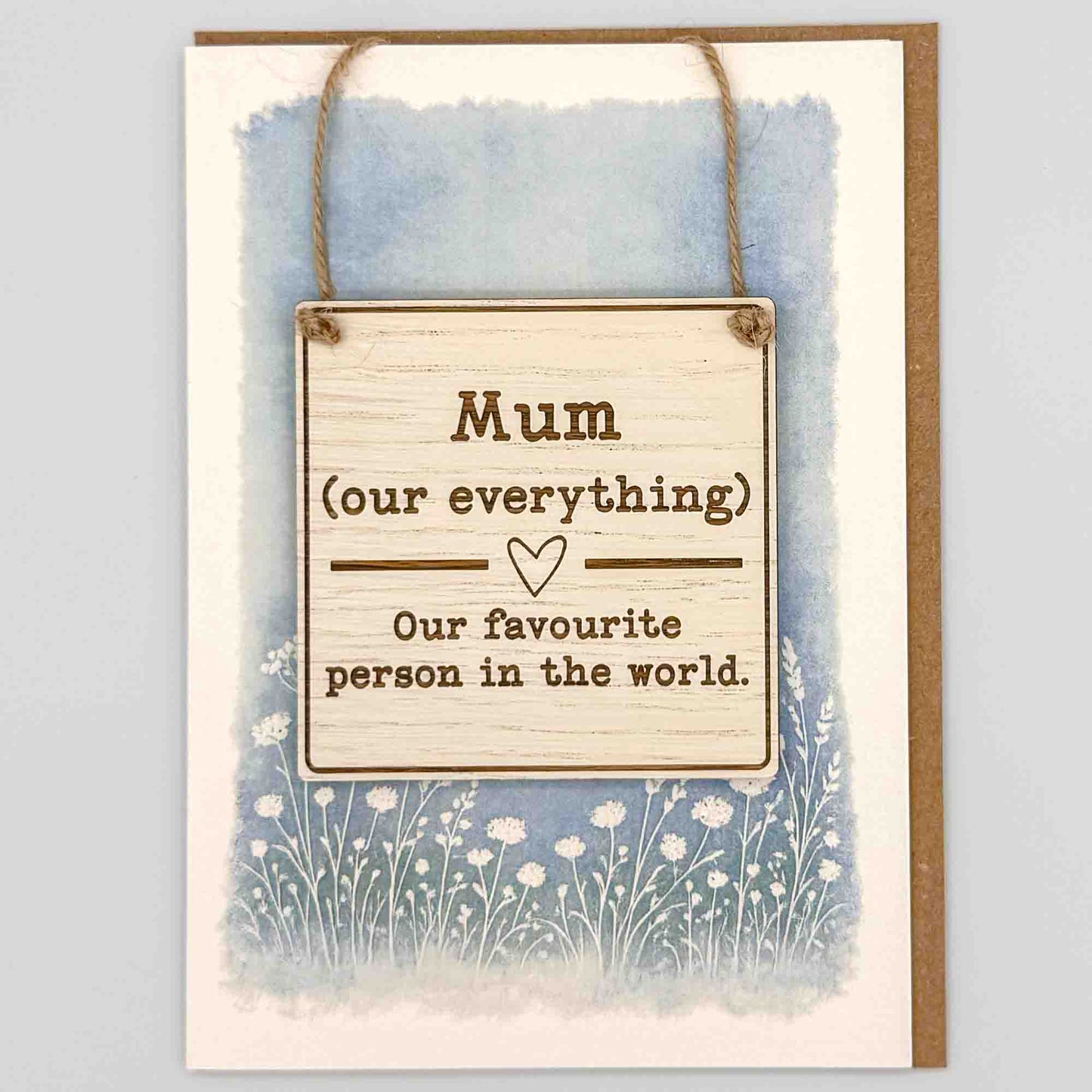 Mum our everything square keepsake card from Sprinkled with Magic, featuring a removable wooden Mum sign, blue botanical design and recycled kraft envelope.
