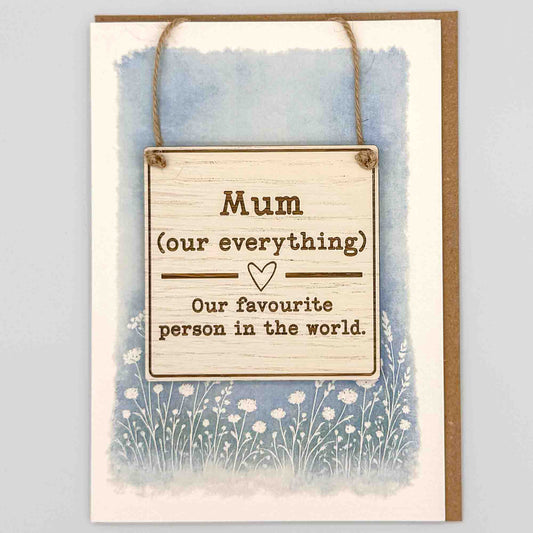 Mum our everything square keepsake card from Sprinkled with Magic, featuring a removable wooden Mum sign, blue botanical design and recycled kraft envelope.