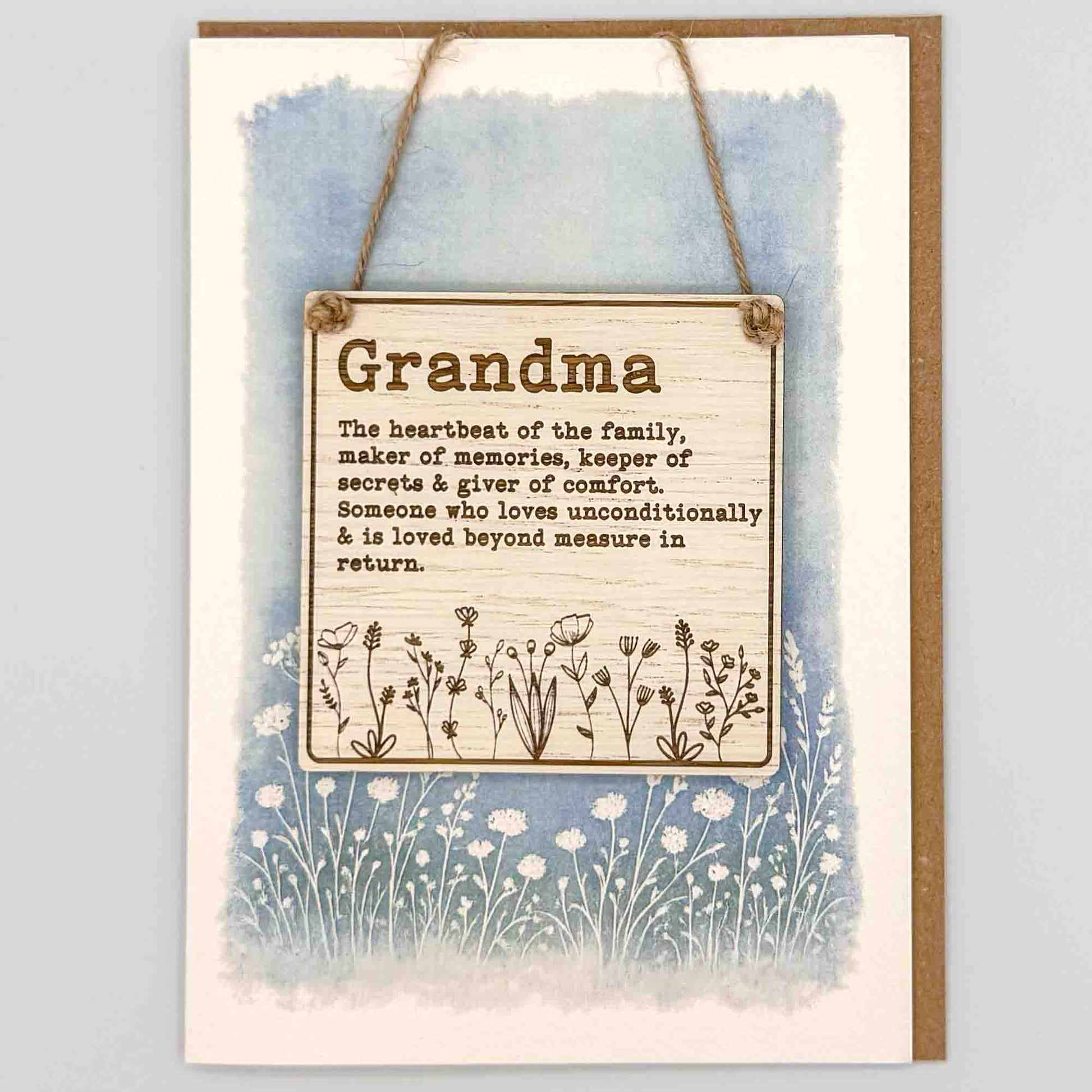 Grandma wildflowers square keepsake card from Sprinkled with Magic, featuring a removable wooden Grandma sign, blue botanical design and recycled kraft envelope.