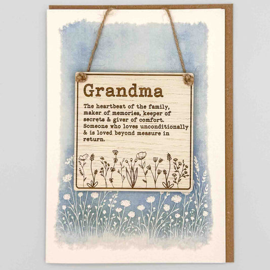 Grandma wildflowers square keepsake card from Sprinkled with Magic, featuring a removable wooden Grandma sign, blue botanical design and recycled kraft envelope.