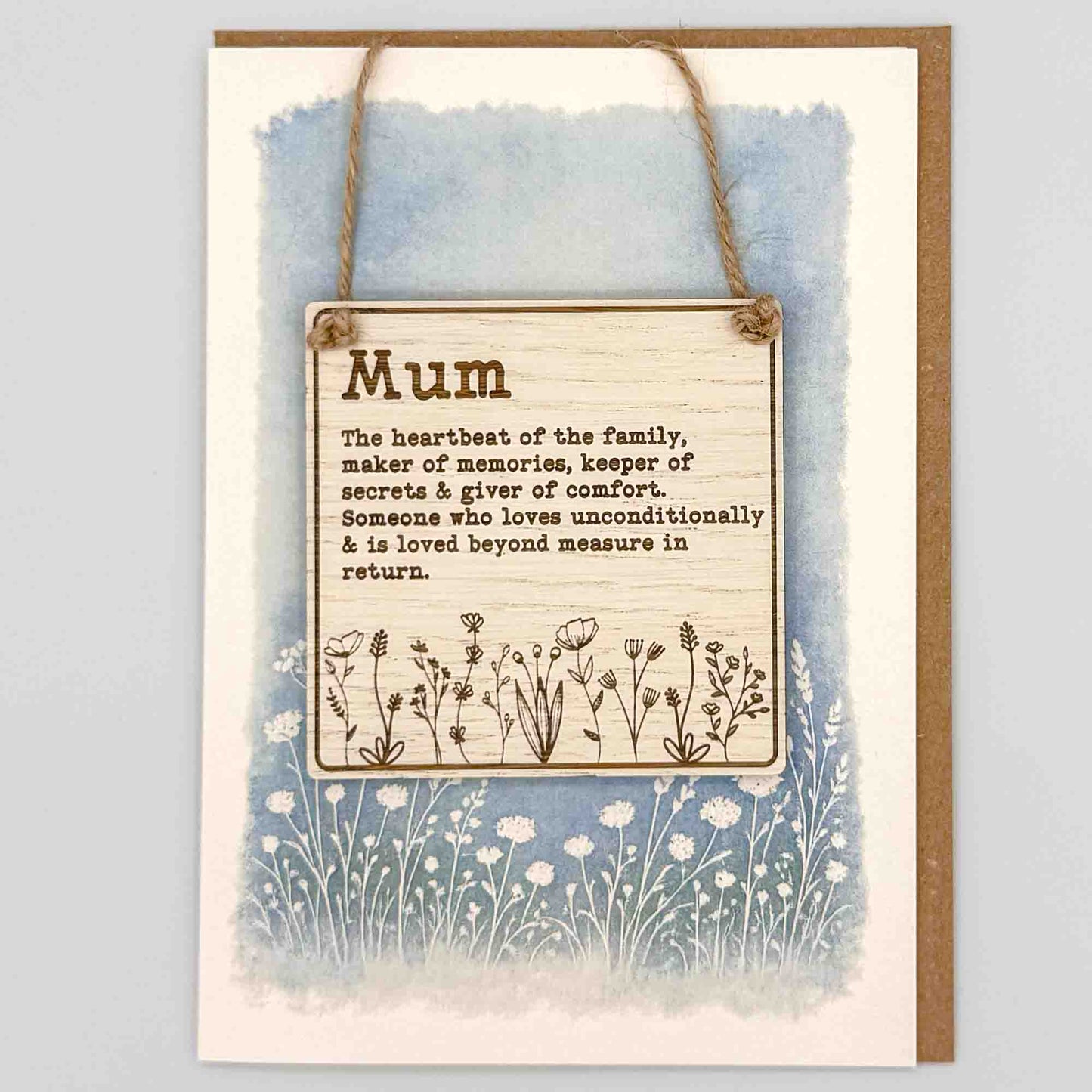 Mum wildflowers square keepsake card from Sprinkled with Magic, featuring a removable wooden Mum sign, blue botanical design and recycled kraft envelope.