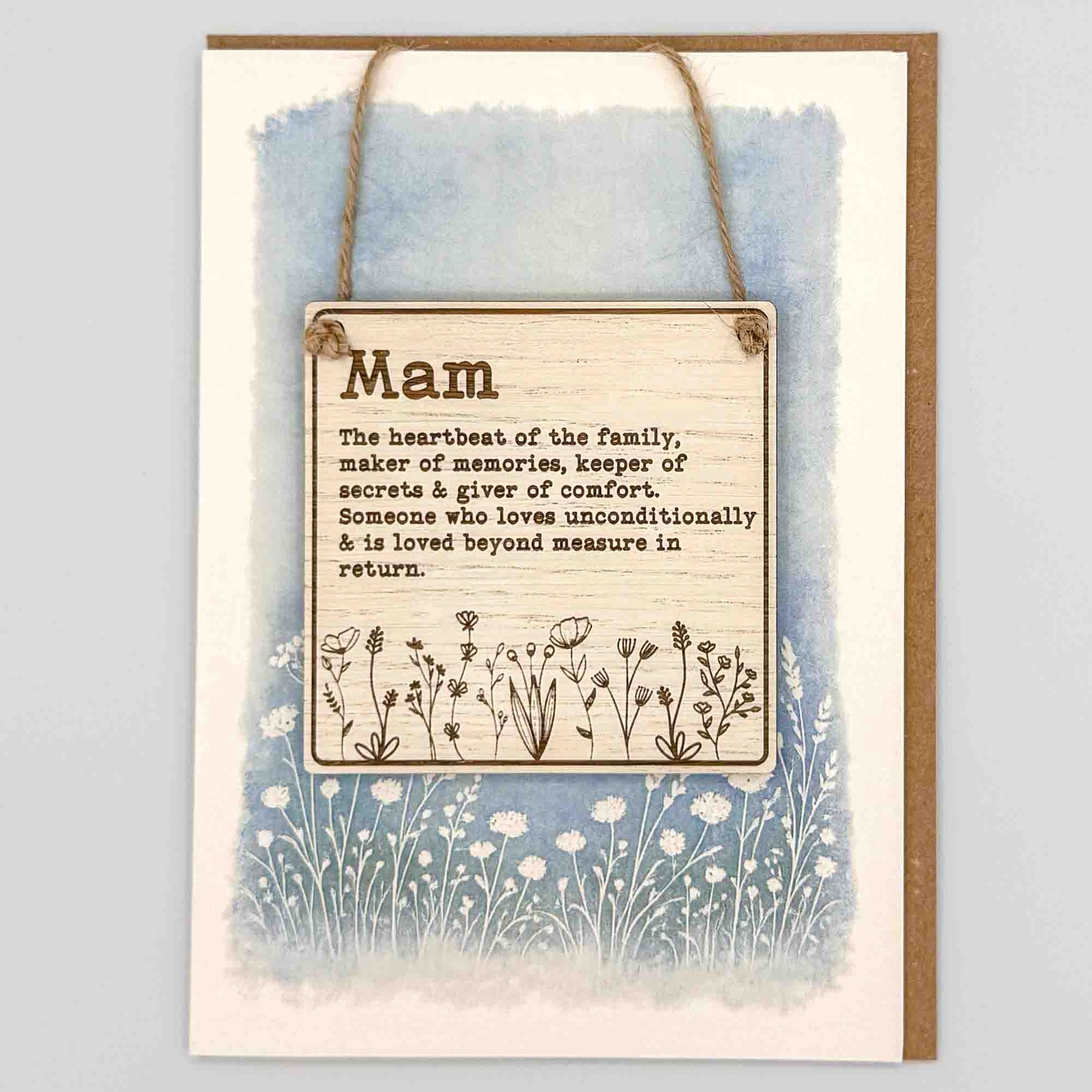 Mam wildflowers square keepsake card from Sprinkled with Magic, featuring a removable wooden Mam sign, blue botanical design and recycled kraft envelope.