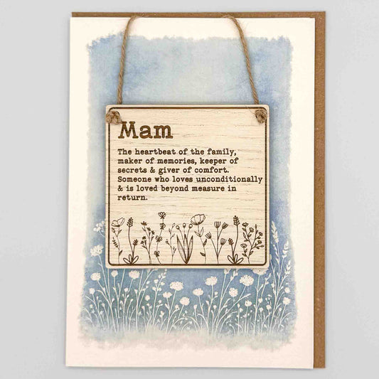 Mam wildflowers square keepsake card from Sprinkled with Magic, featuring a removable wooden Mam sign, blue botanical design and recycled kraft envelope.