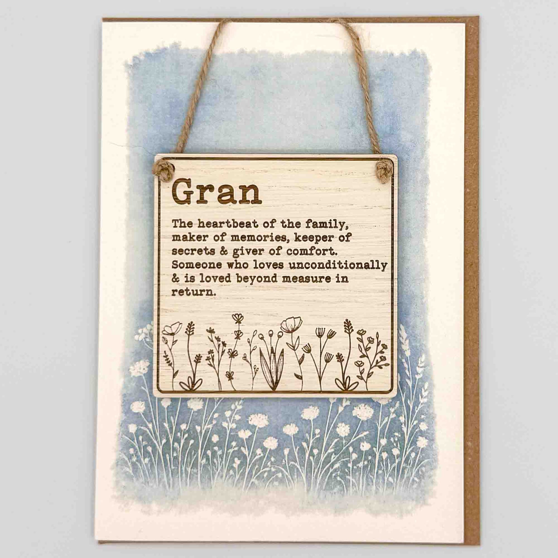 Gran wildflowers square keepsake card from Sprinkled with Magic, featuring a removable wooden Gran sign, blue botanical design and recycled kraft envelope.