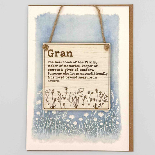Gran wildflowers square keepsake card from Sprinkled with Magic, featuring a removable wooden Gran sign, blue botanical design and recycled kraft envelope.