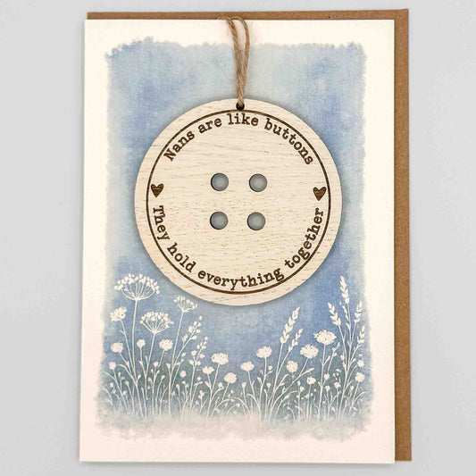 Nans are like buttons keepsake card from Sprinkled with Magic, featuring a removable wooden button keepsake, blue botanical design and recycled kraft envelope.