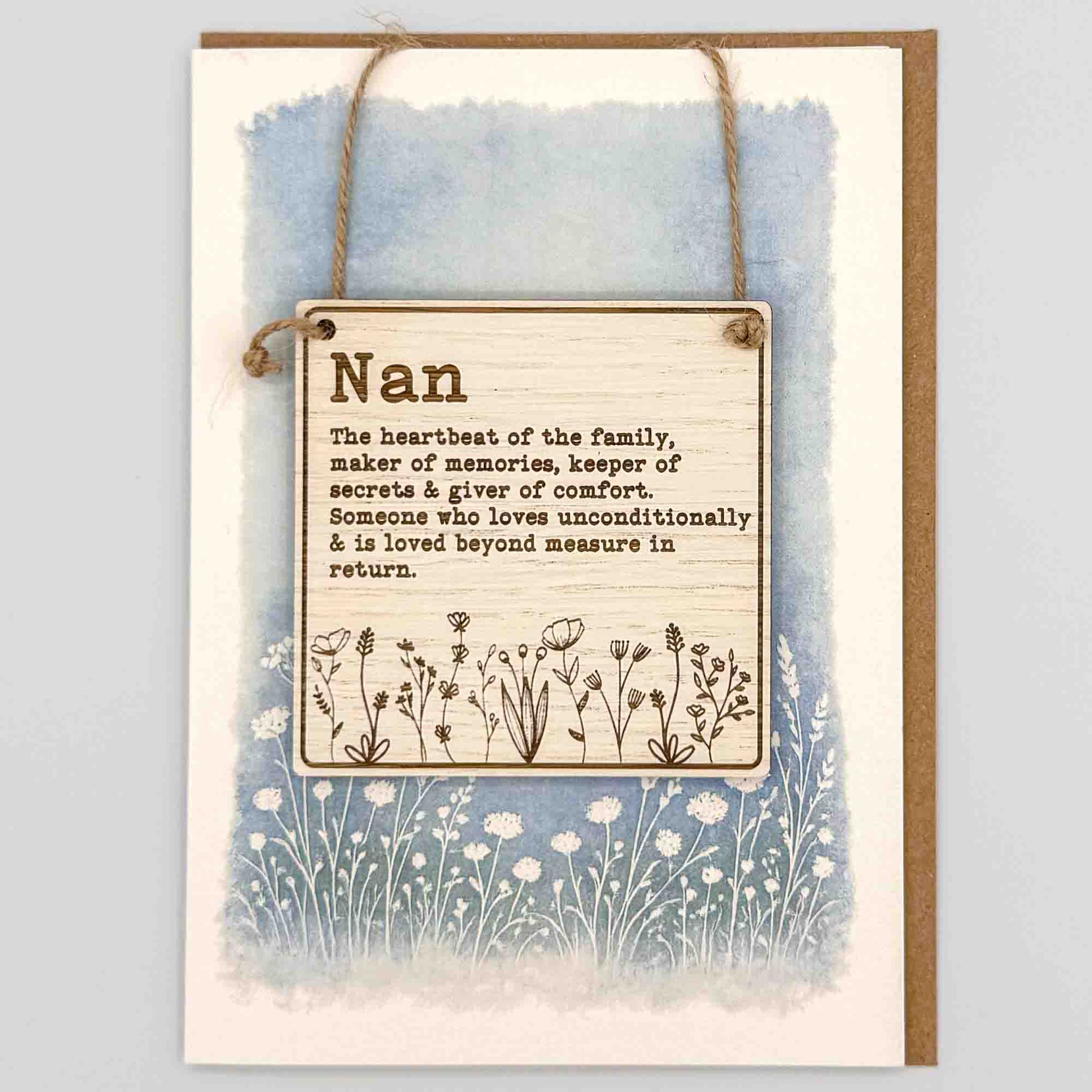 Nan wildflowers square keepsake card from Sprinkled with Magic, featuring a removable wooden Nan sign, blue botanical design and recycled kraft envelope.