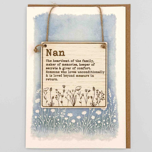 Nan wildflowers square keepsake card from Sprinkled with Magic, featuring a removable wooden Nan sign, blue botanical design and recycled kraft envelope.