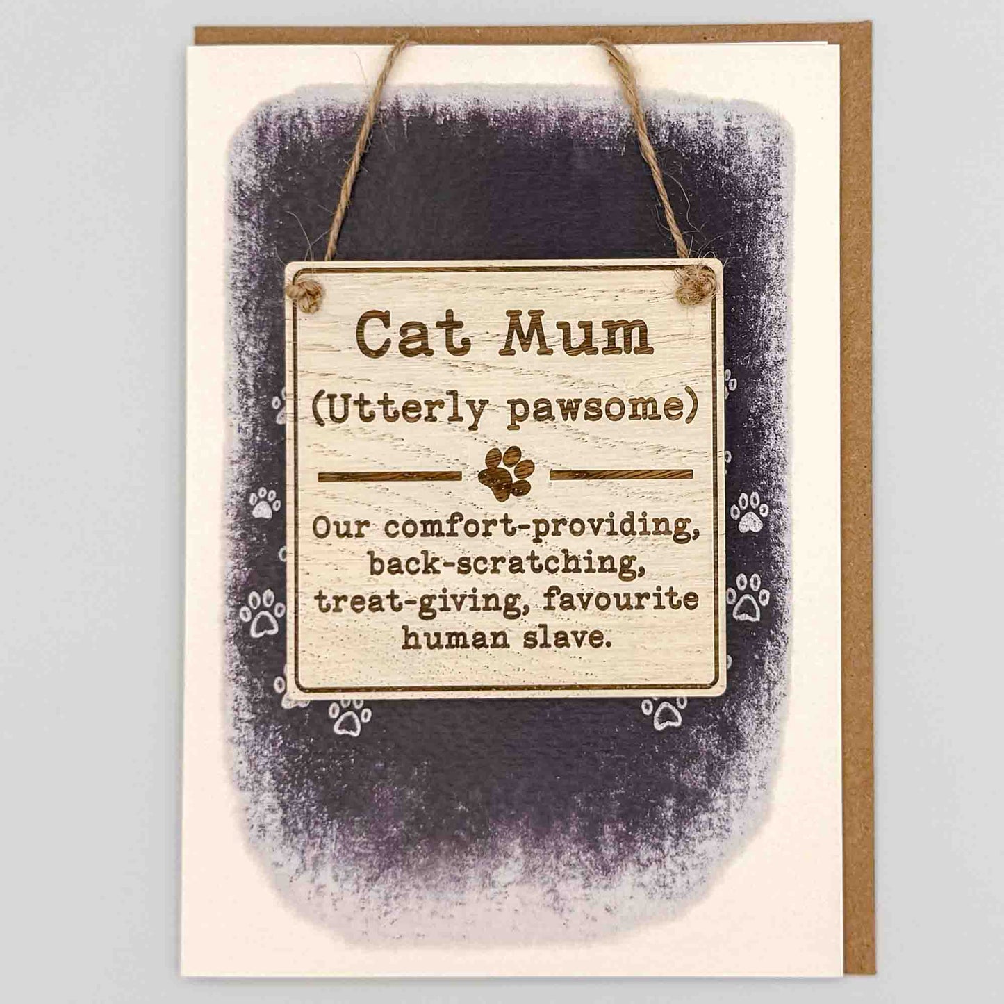 Cat Mum square keepsake card from Sprinkled with Magic, featuring a removable wooden cat mum sign, paw print detail, starry navy design and recycled kraft envelope.