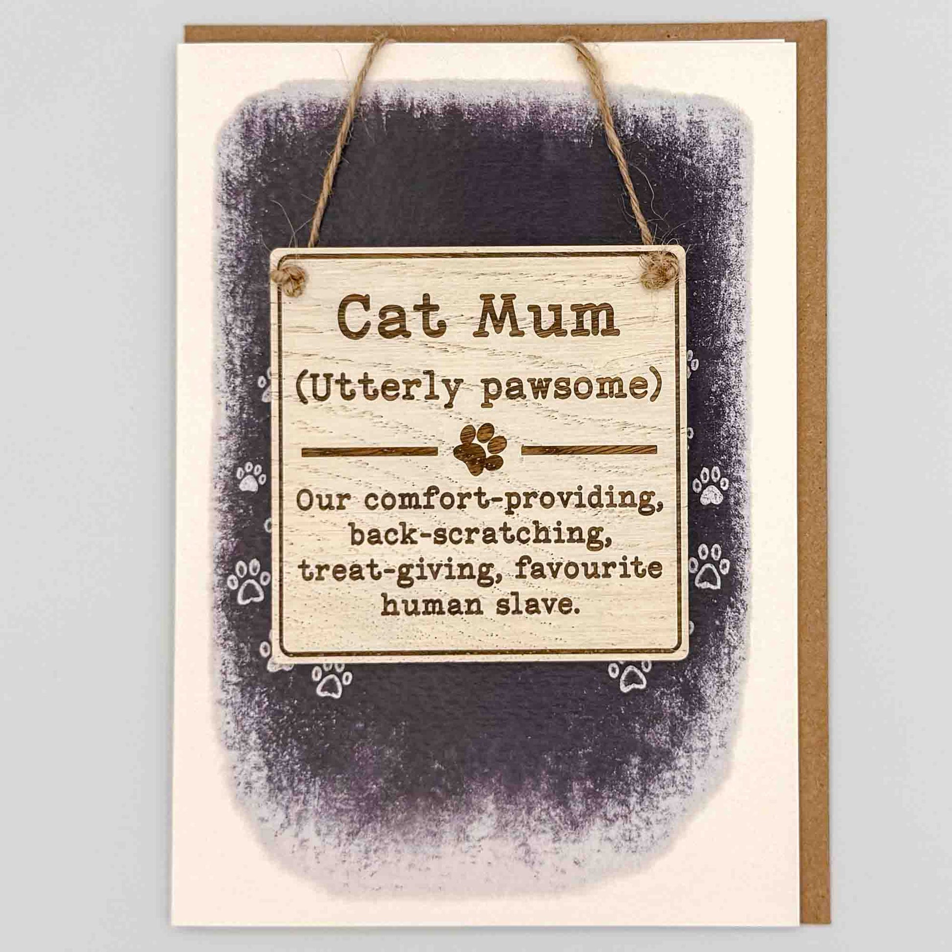 Cat Mum square keepsake card from Sprinkled with Magic, featuring a removable wooden cat mum sign, paw print detail, starry navy design and recycled kraft envelope.