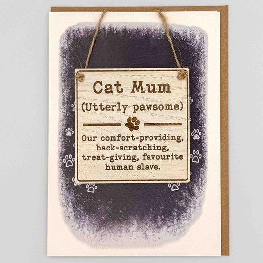 Cat Mum square keepsake card from Sprinkled with Magic, featuring a removable wooden cat mum sign, paw print detail, starry navy design and recycled kraft envelope.
