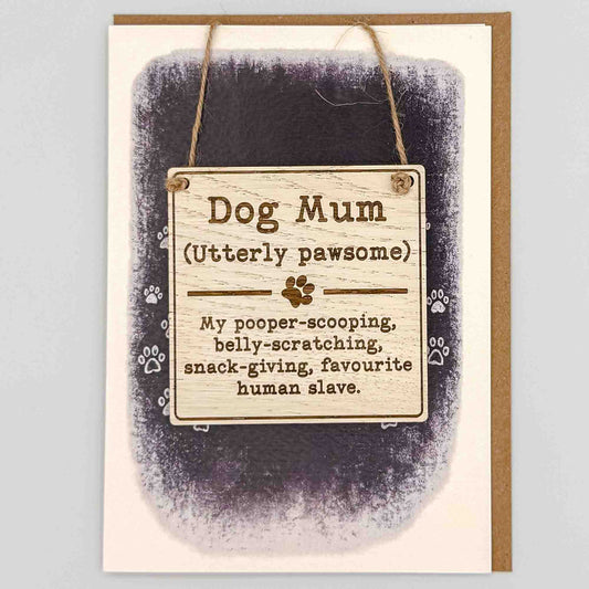 Dog Mum square keepsake card from Sprinkled with Magic, featuring a removable wooden dog mum sign, starry navy design and recycled kraft envelope.