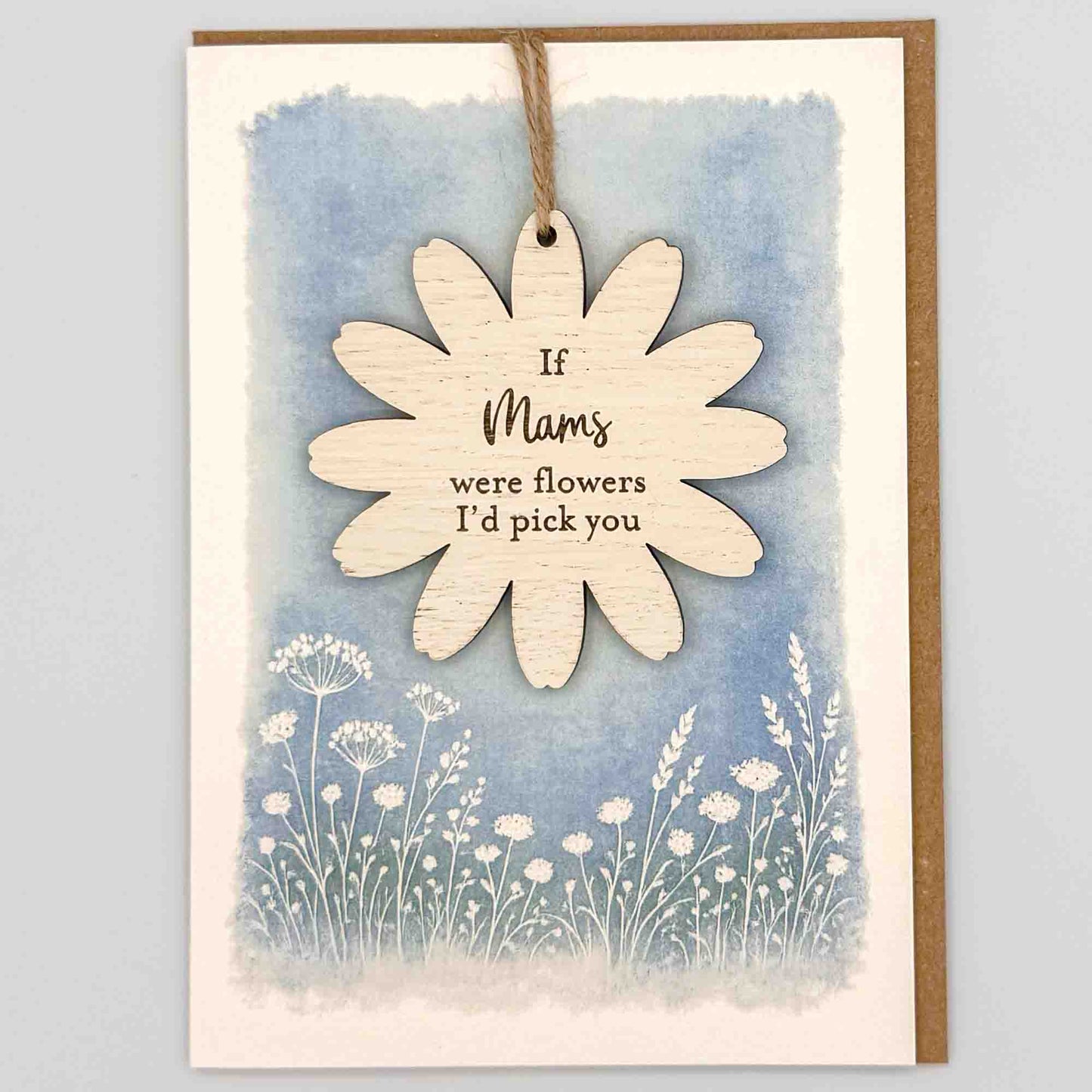 If Mams were flowers keepsake card from Sprinkled with Magic, featuring a removable wooden flower keepsake, blue botanical design and recycled kraft envelope.