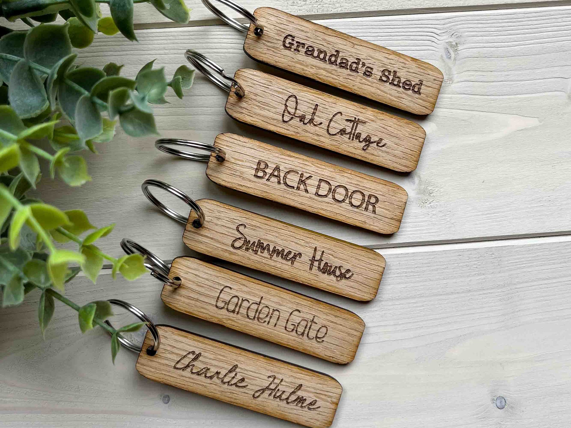 personalised wooden keyring, oak keyring, custom keyring