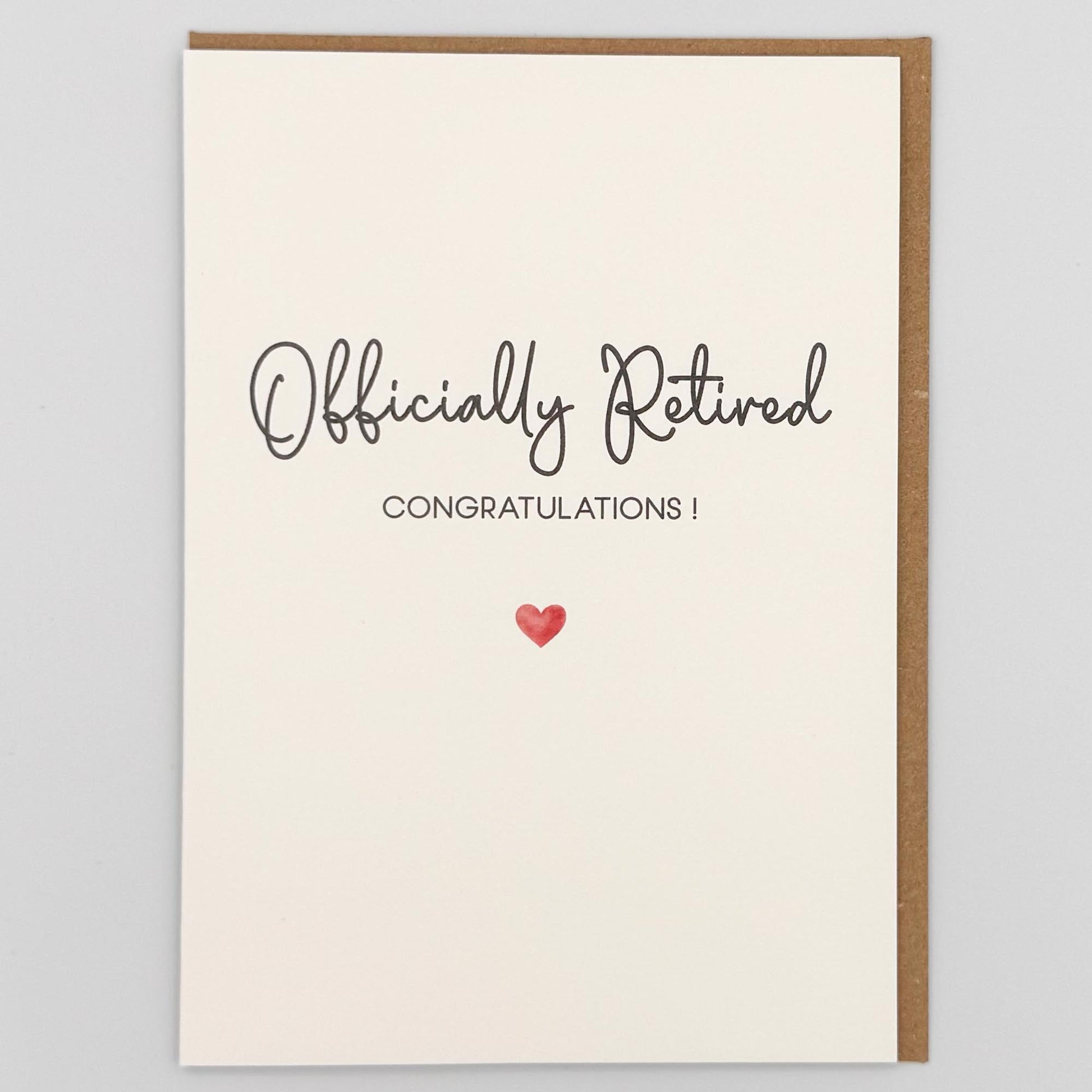 Officially retired card from Sprinkled with Magic, featuring handwritten-style retirement wording, congratulations message, a small red heart and recycled kraft envelope.