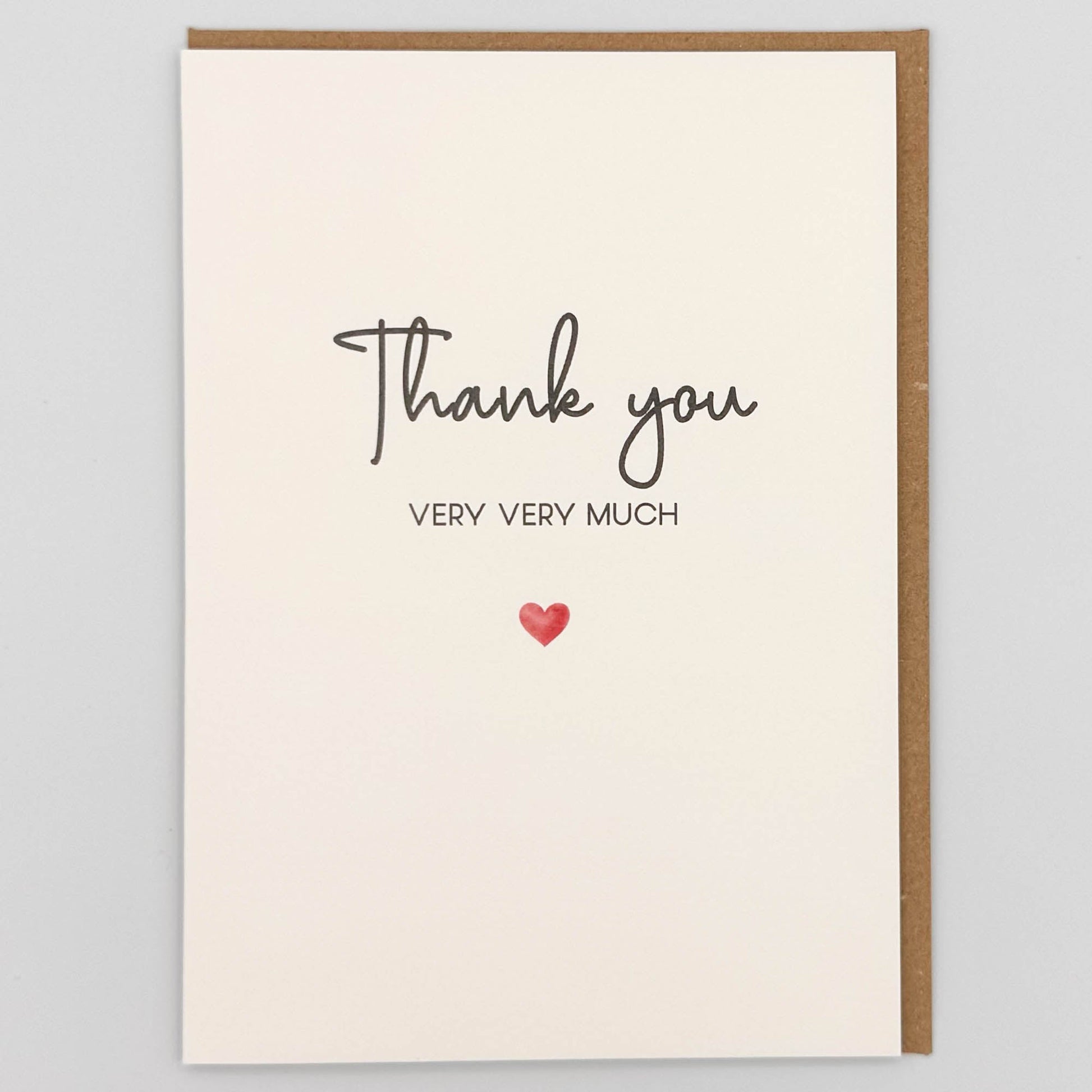 Thank you very much card from Sprinkled with Magic, featuring handwritten-style wording, a small red heart and recycled kraft envelope.