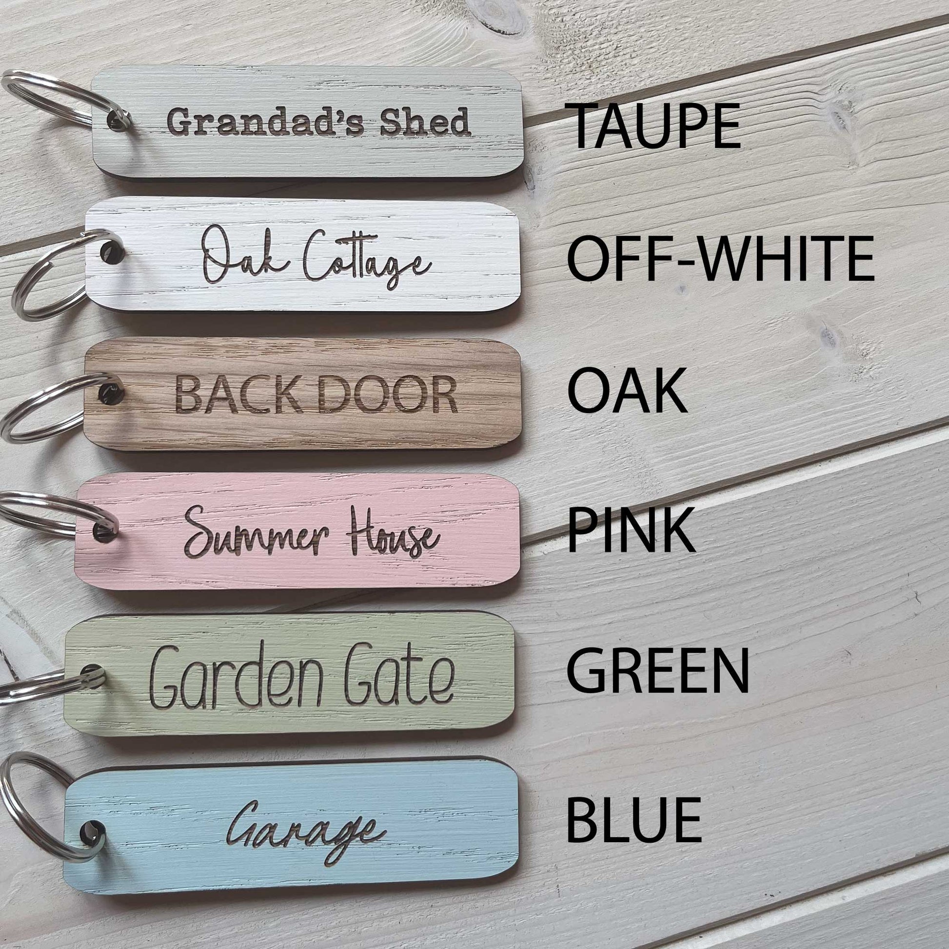 Colour options for personalised wooden keyrings blue pink white taupe green