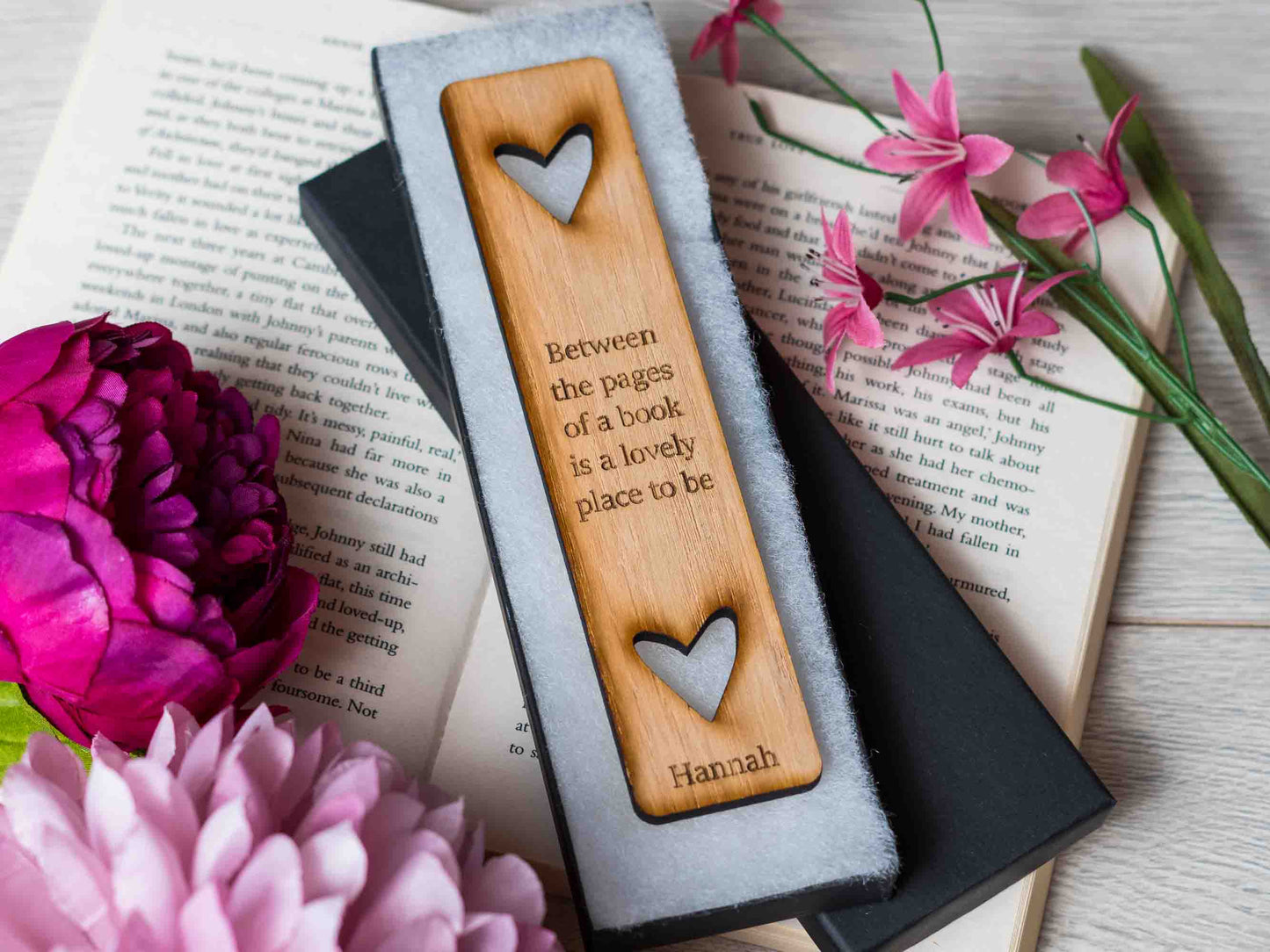 Between the pages quote on personalised bookmark
