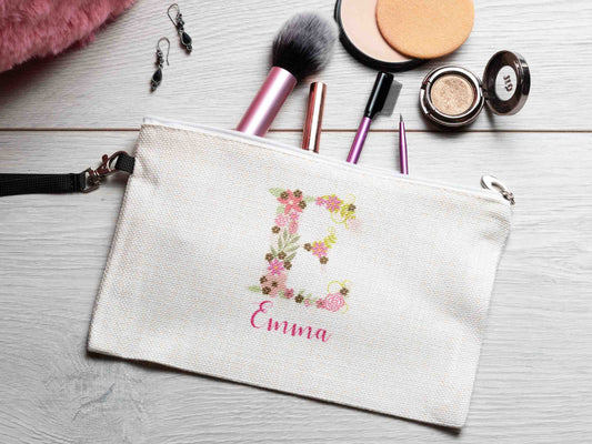 personalised makeup bag, flowery initial