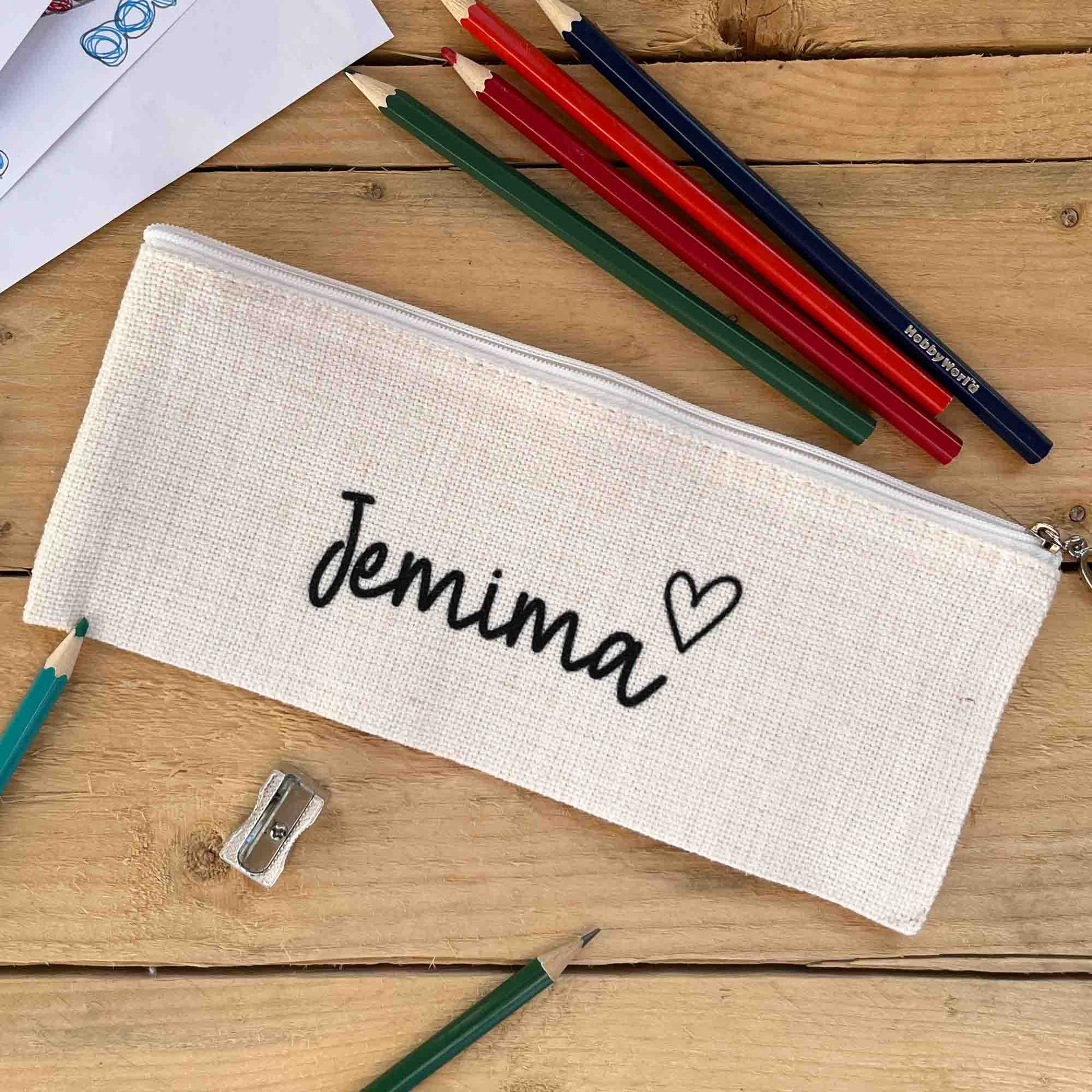 personalised pencil case with name and heart above