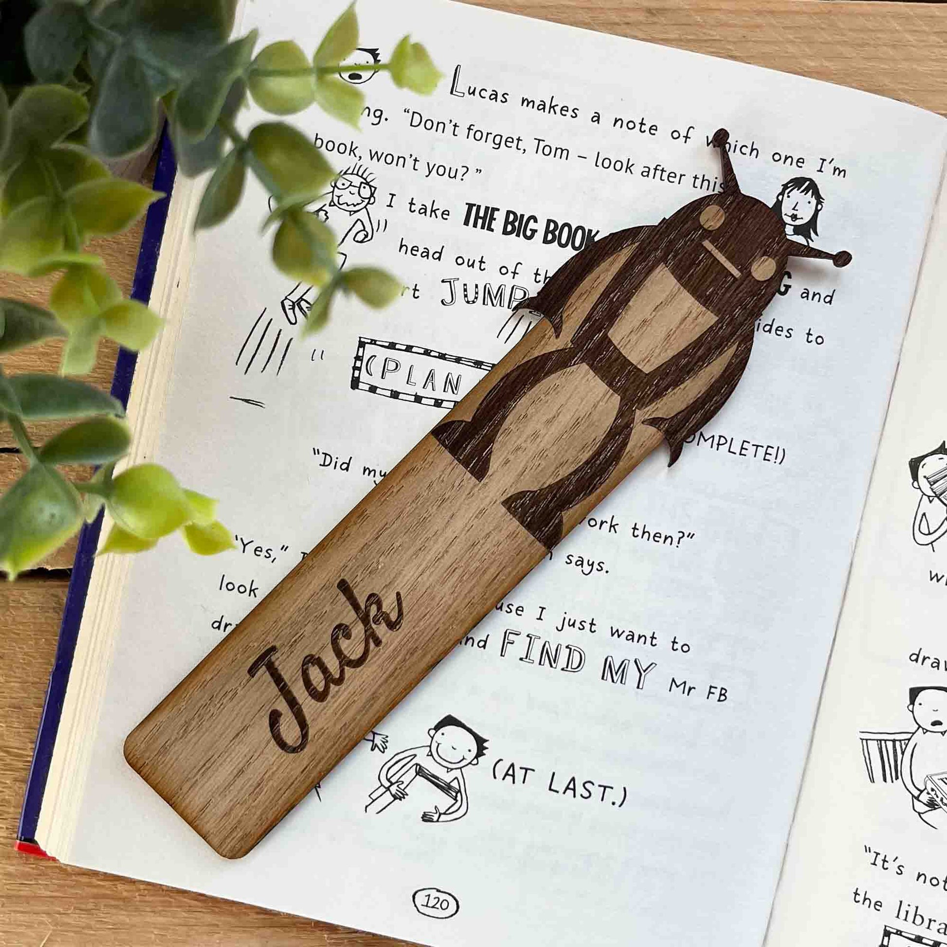 bookmark with alien robot at top with personalised name