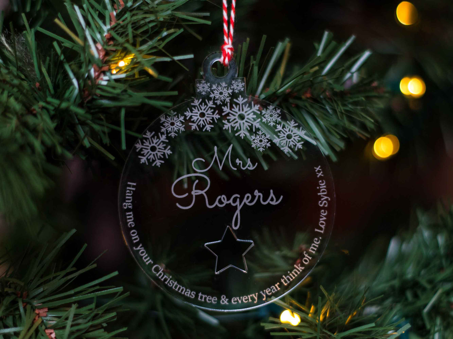 Personalised Christmas Thank You Teacher Snowflake Star Acrylic Bauble Teachers gift