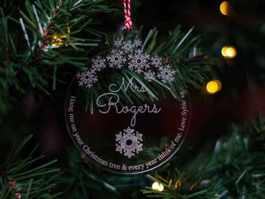 Personalised Christmas Thank you Teacher Snowflake Acrylic Bauble Teachers gift