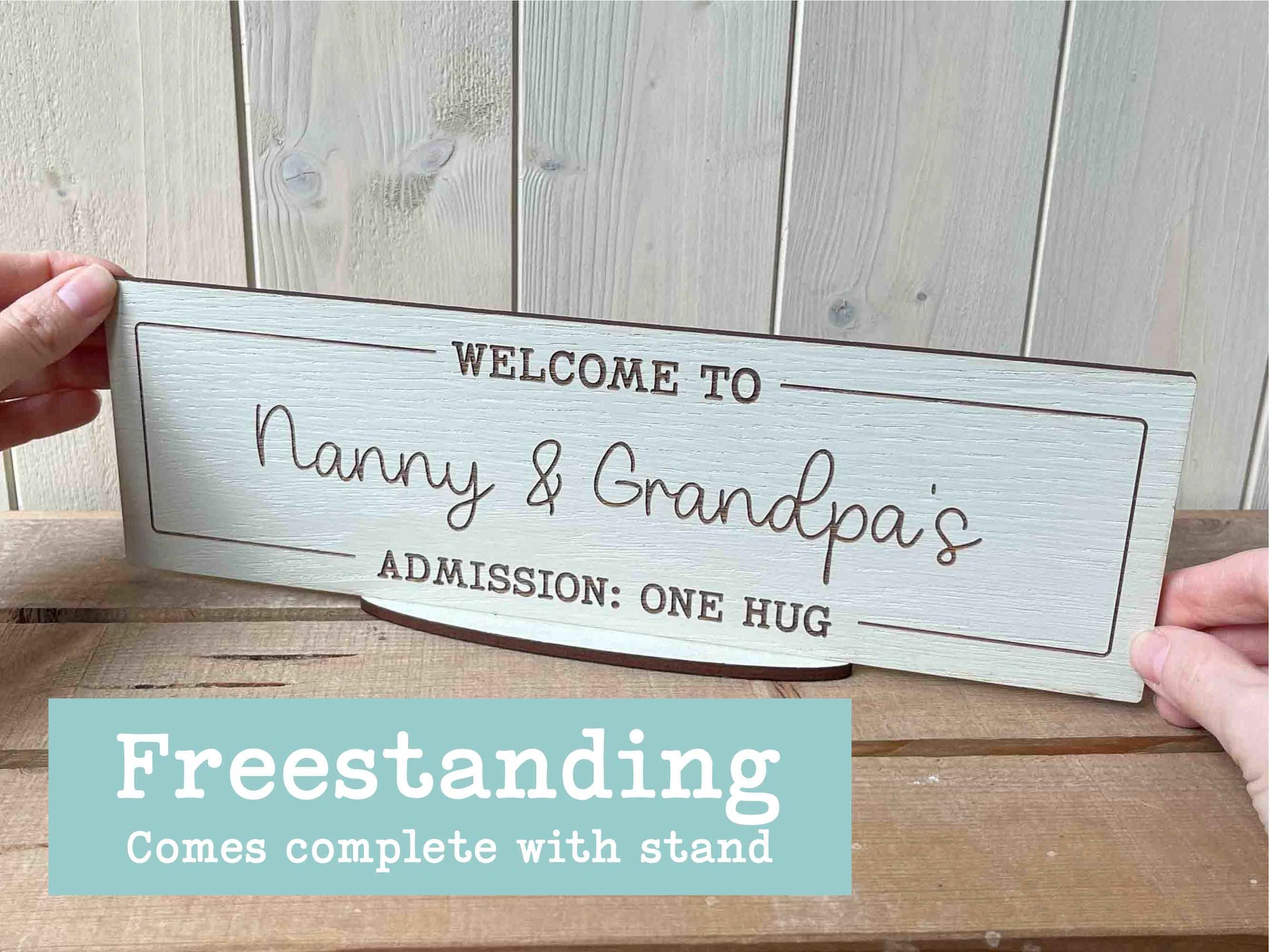 Unique, long-lasting gift for grandparents - personalised wooden sign in oak veneer